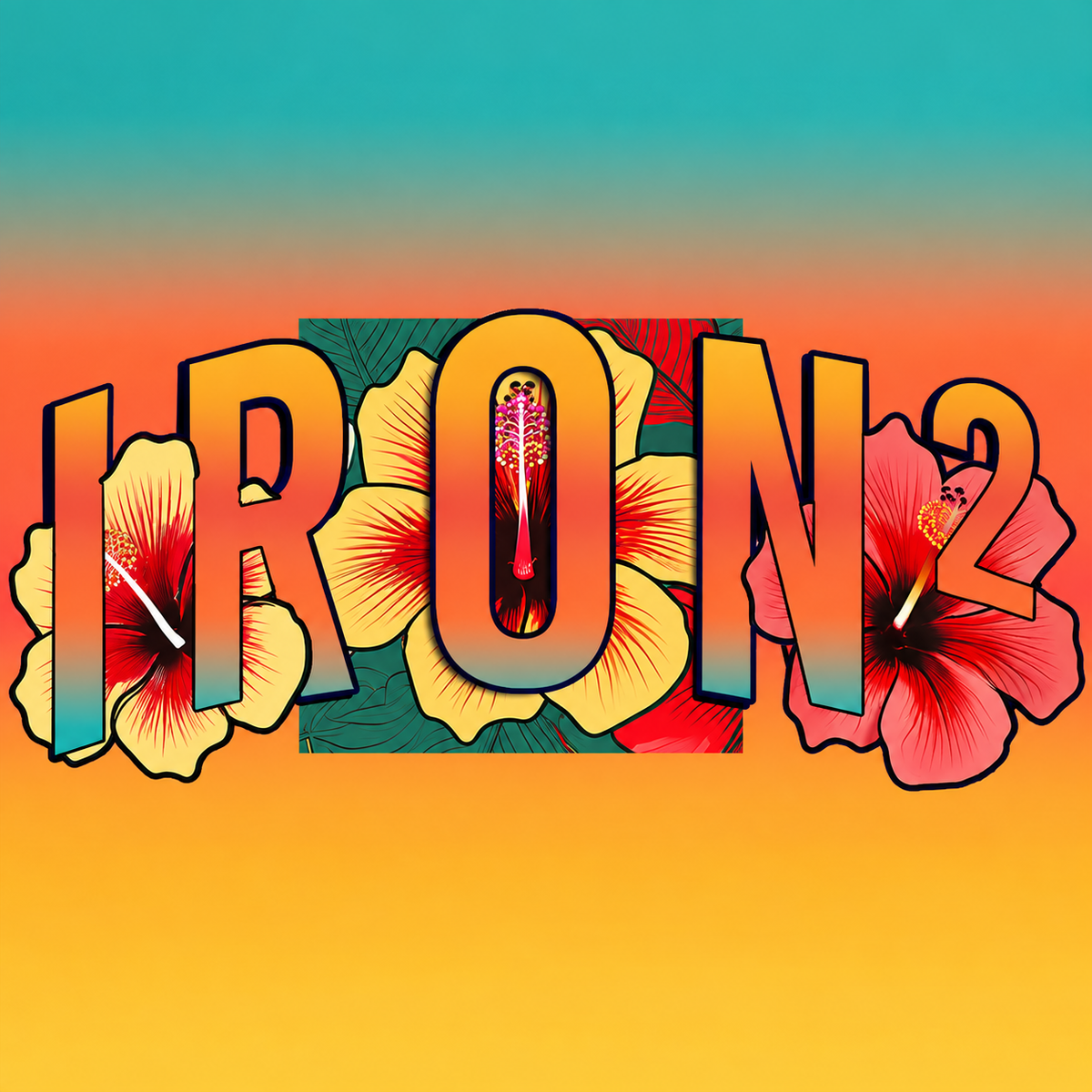 IRON² hibiscus artwork over a teal, coral, and golden beach gradient for the Suns Out, Guns Out collection