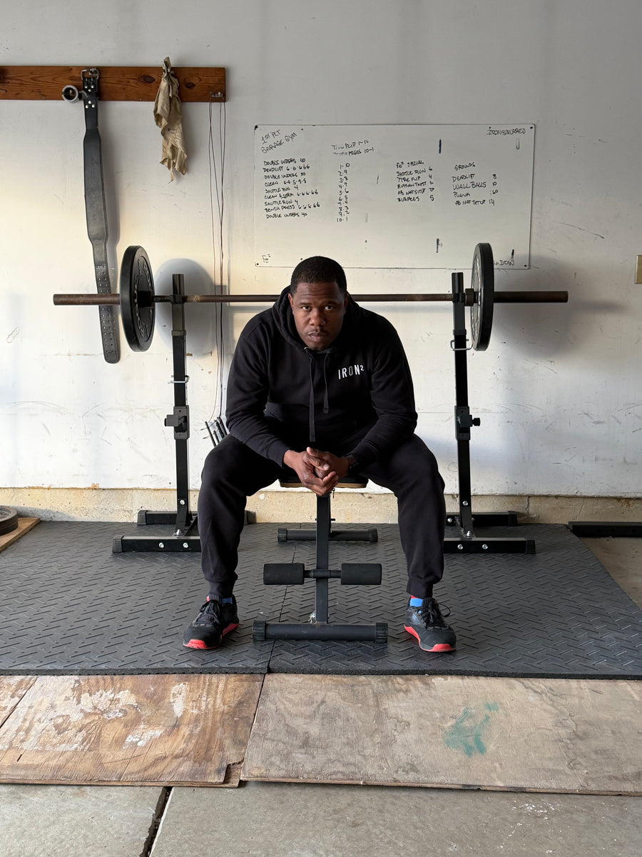 IRON² Sweatsuit Set — Black | Heavyweight Hoodie + Joggers — IronSquared sweatsuit set, front view