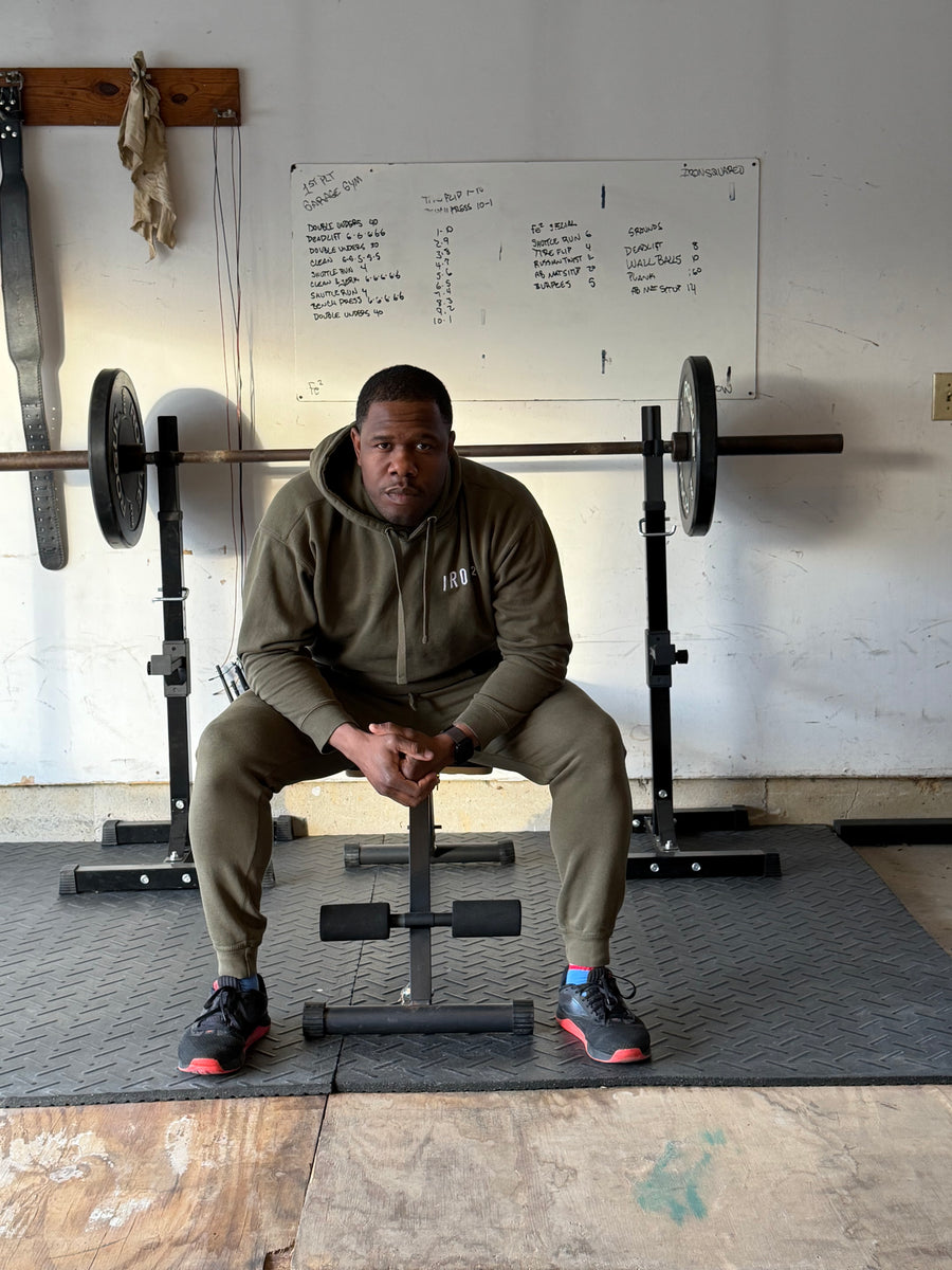 IRON² Sweatsuit Set — OD Green | Heavyweight Hoodie + Joggers — IronSquared sweatsuit set, front view