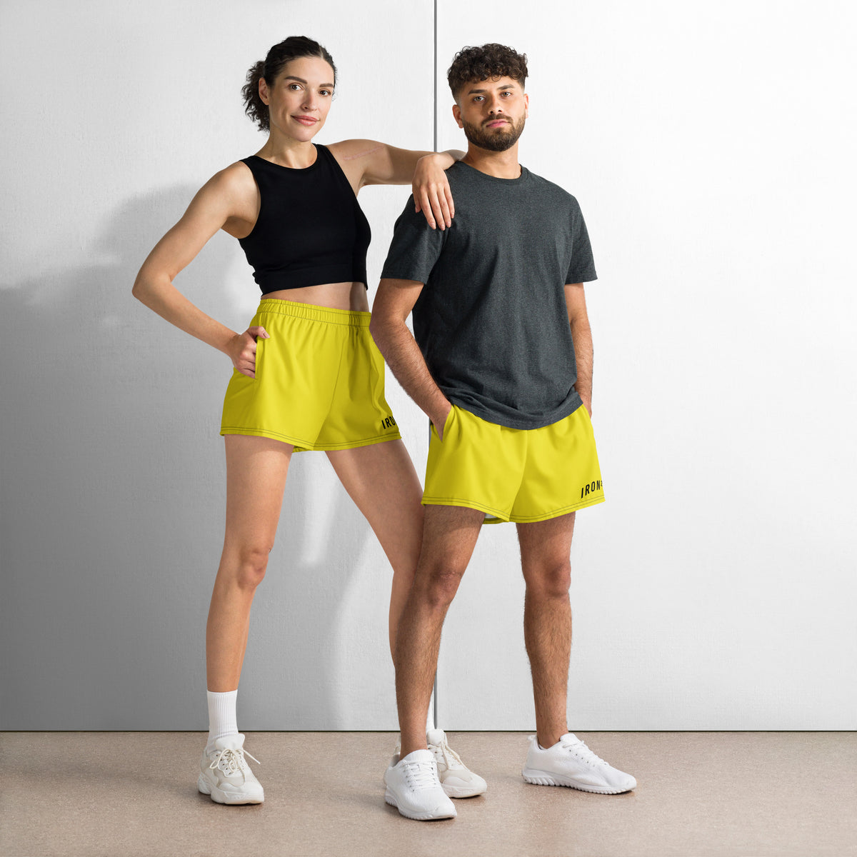 BOLD Yellow Athletic Shorts — IronSquared shorts, front view