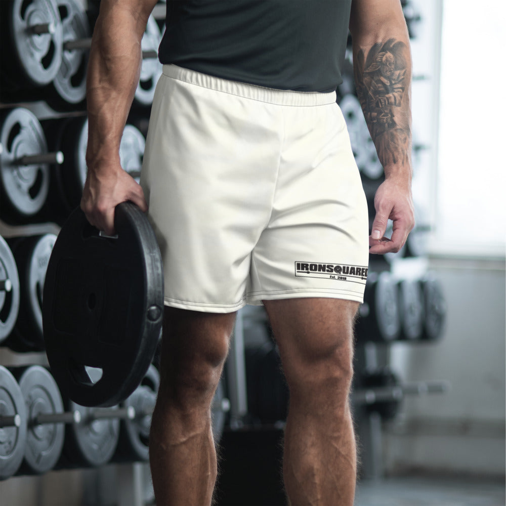 Sweaty Whites WOD Shorts — IronSquared shorts, close-up detail
