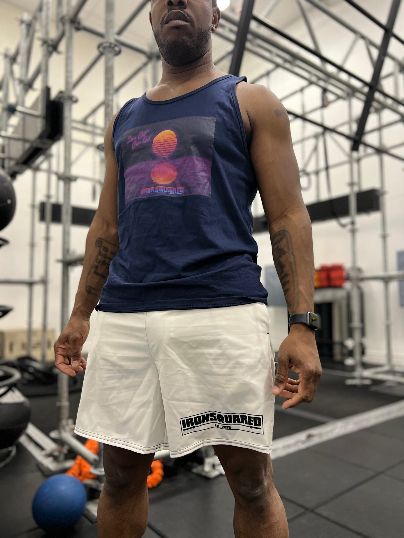 Sweaty Whites WOD Shorts — IronSquared shorts, front view
