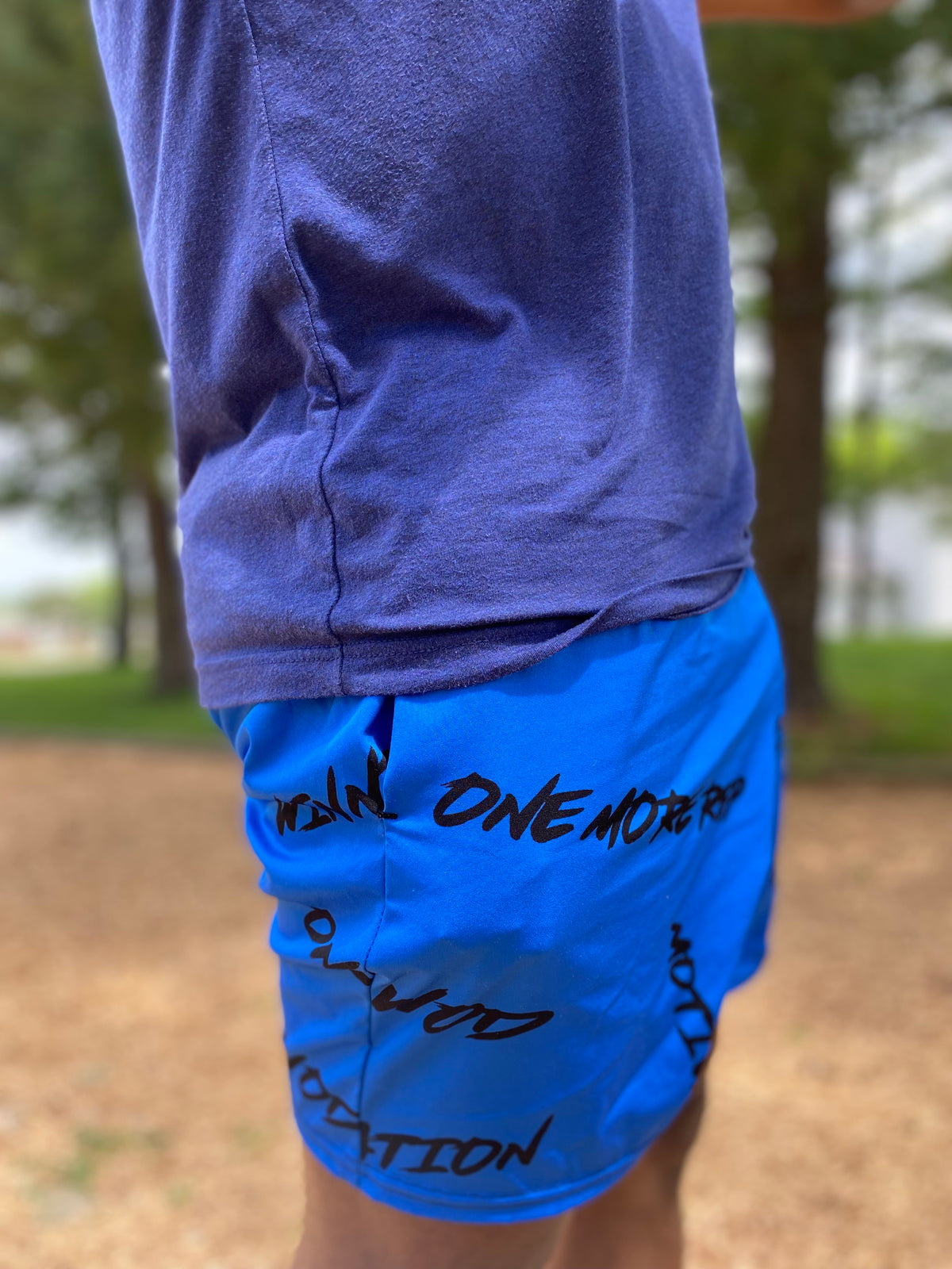 Motivation Blue WOD shorts — IronSquared shorts, worn in the gym