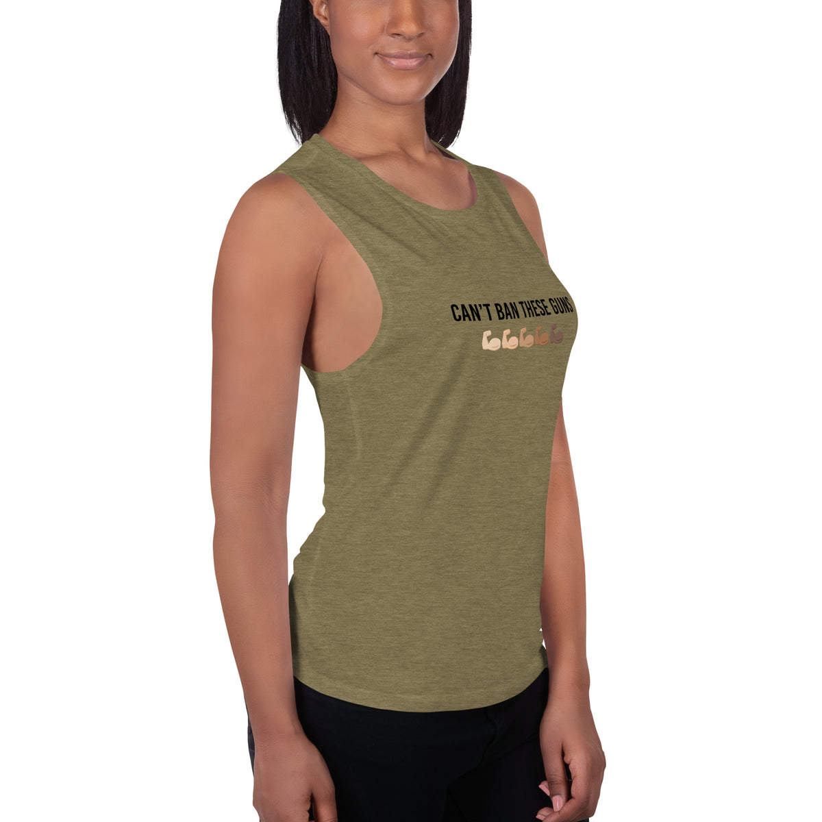 Can't Ban These Guns Muscle Tank — IronSquared tank top, full outfit view